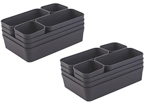 Engelland - Schubladen-Organizer Set, 16-teilig, Farbe: Anthrazit-Grau, universell verstellbar, Aufbewahrungs-Box, Einteiler, Trenn-System, Utensilien, Stauraum, Wohn-Badezimmer, Kunststoff, BPA-frei