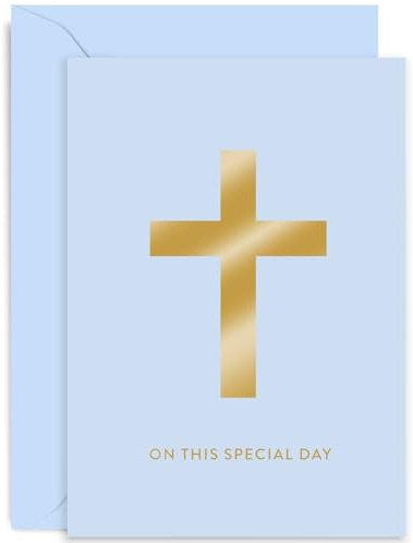 Old English Co. Baptism Card for Boy - Blue Crucific Cross Gold Foil Card - Christening Baby Naming Day - For Nephew, Godson, Son, Grandson, Him | Blank Inside with Envelope
