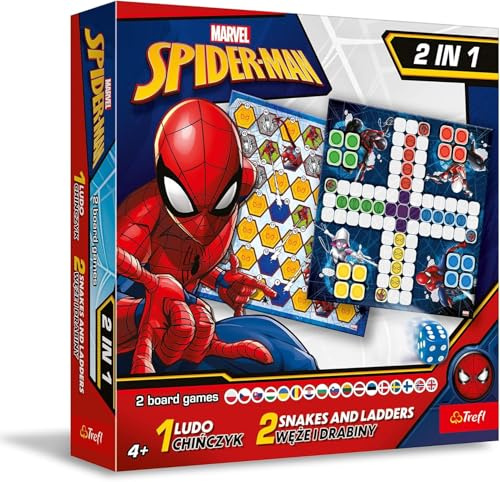 Trefl - Ludo, l'échelle et le serpent - Spider-Man - Jeu de société 2 en 1 pour la famille des super-héros Marvel, planche double face, règles simples, jeu de société classique pour adultes et enfants