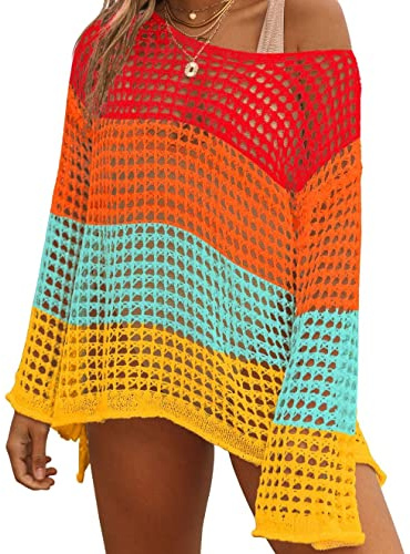 Bsubseach Traje de baño de las mujeres Cover Up Sexy Crochet Top para Traje de baño de playa Cover Ups Multicolor