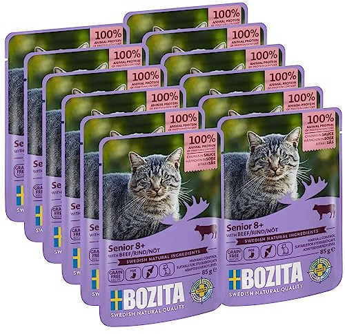 Bozita Nourriture Humide Senior 8+ bouchées en Sauce avec bœuf – 12 sachets de 85 g de Nourriture sans céréales et sans blé pour Chats – Nourriture Humide pour Chat avec 8,5% de protéines et 4,5% de