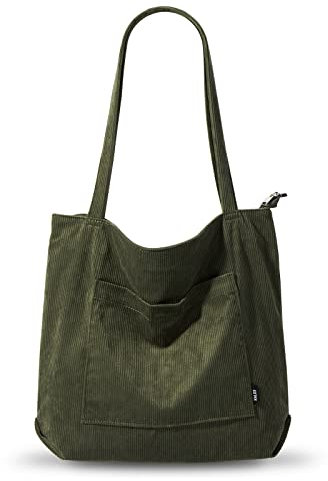 KALIDI Cord Tote Bag für Frauen Casual Tote Bag Frauen Multi Taschen Schulter Handtasche Große Hobo Tasche mit Reißverschluss, Grün (Army Green), Large