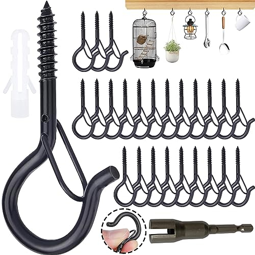 Mikqky 25 Pièces Crochet à Vis Noir, Crochet à Vis à Boucle De Sécurité Polyvalente, Avec 1 x Tournevis à Écrou à Oreilles, Convient Pour Les Paniers De Plantes, Les Guirlandes Lumineuses(53 x 23mm)