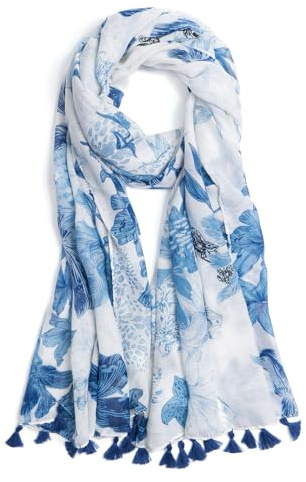 QIUTIMIY Sciarpa da Donna Leggera Morbida Sciarpa Stampata Floreale Autunno Inverno Moda Scialle Avvolgente con Frange (Fiore-Bianco Blu)