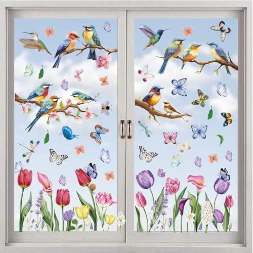 Window stickers self adhesive spring decorative window art, window decals flowers birds summer window decoration window film stickers (Zweigvogel)')