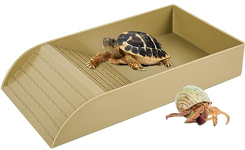 Eummy Tortoise Water Dish Tortoise Bath Dish Anti Slip Reptile Pool Bowl with Ramp Reptile Feeding Box Dish Plastic Turtle Food and Water Bowl Tortoise Accessories for Basking Feeding Bathing (Wood)