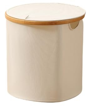 Wäschekorb Mit Deckel Hoher Wäschebox Mit Bambus Henkel Und Innentasche, Faltbarer Groß Waschekorbsammler Wäschekörbe Wäscheboxen Für Kleidung, Decken, Bettlaken, Spielzeug (Beige,Orbicular 38x39cm)