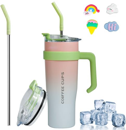 Euakee 40oz Mug Isotherme, 1182ml Sans BPA Tasse à Café Acier Inoxydable, Café avec Paille et Poignée, Double Isolée Tasse Isotherme, Travel Mug Tumbler, Tasse Cafe Voyage (Dégradé de Couleur)
