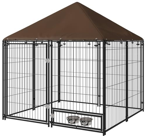 PawHut Perrera con Toldo Valla para Perros Metálica Exterior 2 Cuencos con Soporte Giratorio para Comida para Patio Jardín Terraza 141x141x151 cm Negro