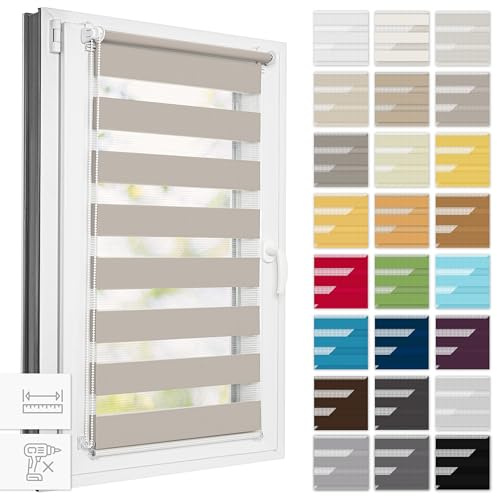 Estika Doppelrollo Klemmfix ohne Bohren, Breite alle 1 cm - 80 cm x 220 cm - Grau-braun - Tag und Nacht Duo Rollo, Rollos für Fenster ohne Bohren, Fenster Sichtschutz