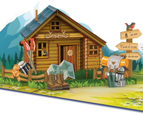 papercrush® Pop-Up Karte Berghütte - Gutschein für Wandern & Klettern, 3D Geburtstagskarte für Wanderurlaub, Reise & Urlaub in den Bergen, Wanderung oder Bergsteigen - Gutscheinkarte für Wanderschuhe