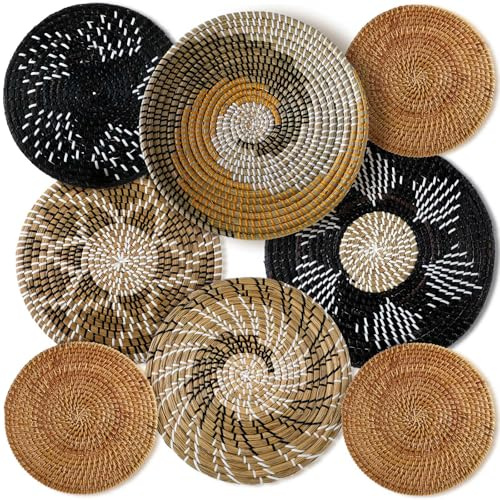 Xuhal Juego de 8 cestas de pared tejidas para colgar, hechas a mano, decorativas, rústicas, bohemias, hechas a mano, hechas a mano, de mimbre redondo, arte de pared para el hogar, cocina, granja,