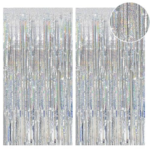 EnixwH 2 Piezas Brillante Cortina Cumpleaños 1x2 M Cortina Decoracion Fiesta, Cortina De Brillo para Decoración, Autoadhesivas Franjas Decoración Fondo para Fiesta Cumpleaños Bodas (Plata)