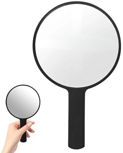 SGERUFZ 1 x Professional Hand Mirror with Handle, Makeup Mirror, Hairdressing and Shaving Mirror, Cosmetic Mirror, Round Pocket Mirror for Portable Use, Home and Travel (Black)