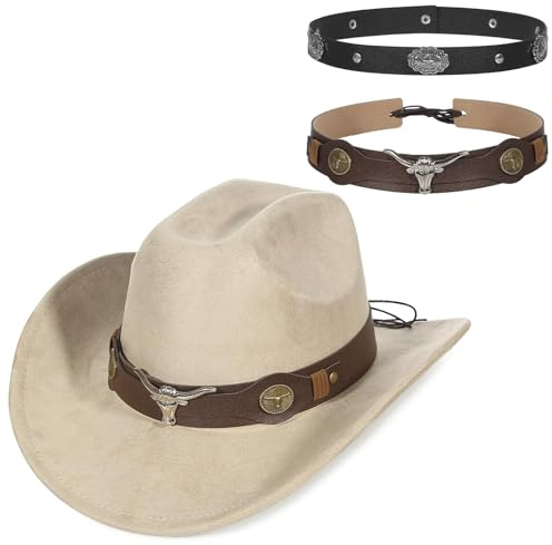 GEMVIE Cappello da cowboy in pelle scamosciata, due tipi, a tesa larga, cappello western per uomini e donne, unisex, vintage, cappello western, beige., 56-58
