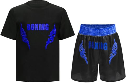 Oyolan Bambino Ragazzo Short da Boxe e T-Shirt Set Completo da Boxe Muay Thai MMA Kick Boxing, 11-12 Anni