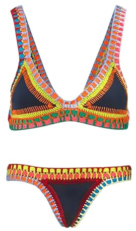 Maillot De Bain Femme 2 Pieces Tricot Triangle Maillots Deux PièCes Femme Push Up Couleur Vive Patchwork Fait Main Crochet Haut Et Bas De Bikini Taille Basse BrassièRe Triangulaire En Crochet Ethnique