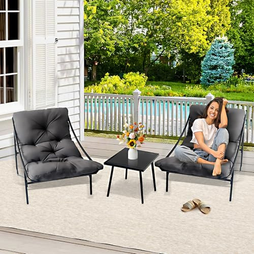 Balkongmöbler set i 3 delar, set med trädgårdsmöbler, balkongmöbler, liten balkong, balkongmöbler med glasbord och stålram, balkongset för 2 personer, trädgårdsmöbler för gård, terrass, inomhus (grå)