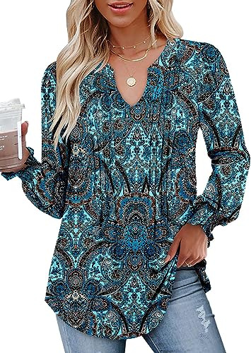 CHICZONE Women's V Neck Long Sleeve Tops Pleated Shirts Blouses Dressy Casual Tunic