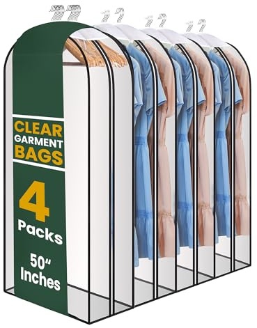Handy Laundry Clear Garment Bags for Hanging Clothes, 50 Suit Bags with 10 Gusset, Heavy Duty Closet Storage Covers for Coats, Dresses, Shirts, Jackets, Dustproof & Breathable, 4 Pack