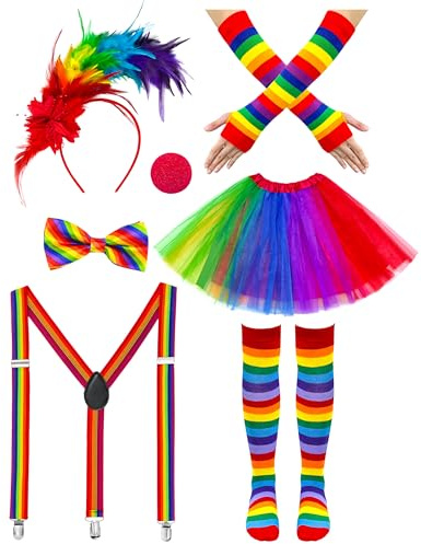Yezmo Set di 7 costumi da clown da circo con piume, fascia per capelli, guanti, calzini, tutù arcobaleno, gonna a Y posteriore, regolabile, bretelle, papillon, naso, per donne