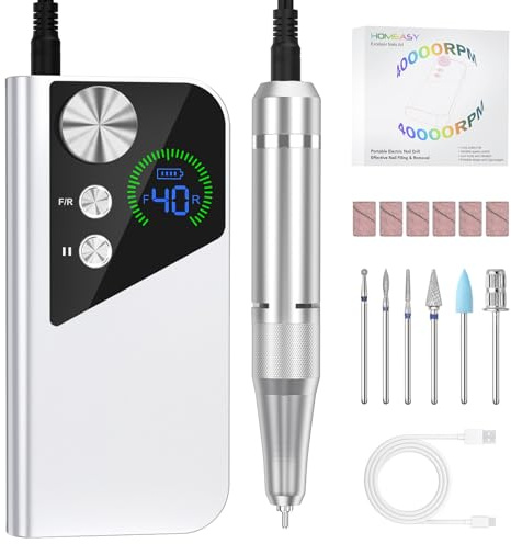 HOMEASY Nagelfräser 40.000 U/min Profi. Tragbar Fräser Nägel Elektrische Nagelfeile Wiederaufladbare Fräser für gelnägel Nagellack Maniküre Set mit 6 Nagel Bits LCD Anzeige F/R Richtung Weiß