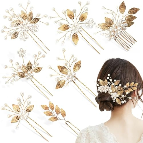 FrostyFlair Haarschmuck Gold, 7 Piezas de Adornos para el Cabello de Hojas Doradas, Horquillas de Bodas con Perlas de Cristal, Accesorios Nupciales Dorados, Accesorios para el Cabello de Novia