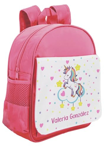 Kembilove Mochila Escolar Infantil con Nombre - Unicornio en la Nube - Solapa Removible Lavable - Mochila Rosa -Guardería Niña Personalizada Regalo Original