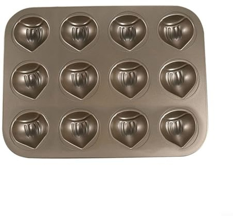 Molde para pastel de arroz con mantequilla, 12 cavidades en forma de castaña, molde antiadherente de acero al carbono para hornear magdalenas para horno, tostadora de convección, acabado dorado, 26 x