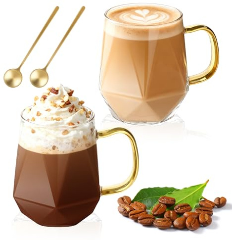 LOOFORE Glass Coffee Mugs 350ml Set of 2, Glass Mugs for Hot/Cold Drinks with Handles and Spoon, Borosilicate Heat Resistant Cups for Cappuccino Latte Macchiato Espresso Tea Milk Juice Beer
