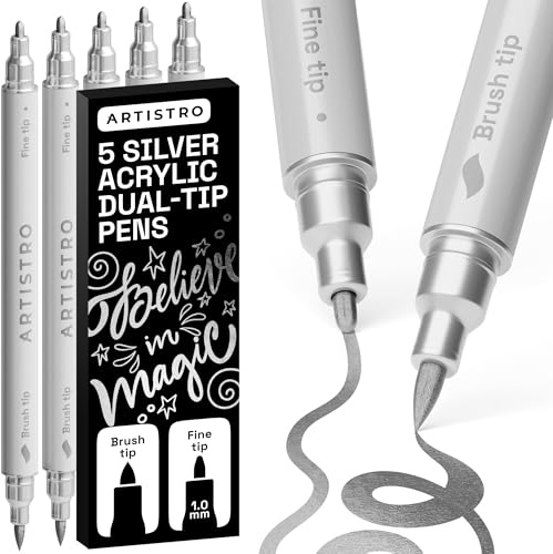 ARTISTRO 5 Silver Acrylic Paint Pens Dual-Tip Brush+Fine for Fabric & Rock | Water-Based, Quick-Dry & Low-Odour Art Supplies for All Surfaces, Craft Gift for Adults, Teens & Kids, Classroom Must-Haves