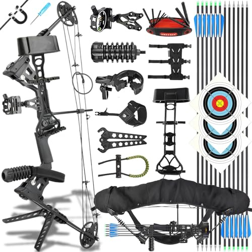 ZSHJGJR Compoundbogen Set Jagdbogen 20-70 Lbs Verstellbar / 320 Fps High Speed Scheibenschießen Outdoor/Komplettes Zubehörpaket/Schwarz/Erwachsene Einsteiger & Fortgeschrittene
