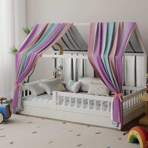 Pacok Juego de 2 camas de casa-dosel, arco iris con estrellas troqueladas, dosel de tela para decoración de cama de casa, cortina para niñas y niños, dosel para cama de casa, 135 x 350 cm (multicolor)