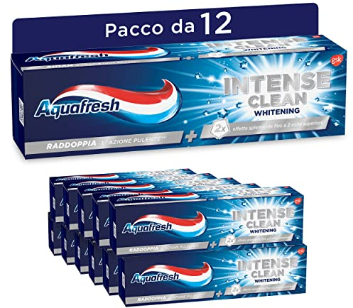 Aquafresh Intense Clean Whitening, Dentifricio Sbiancante, Pulizia Profonda dei Denti, Pacco da 12 x 75ml