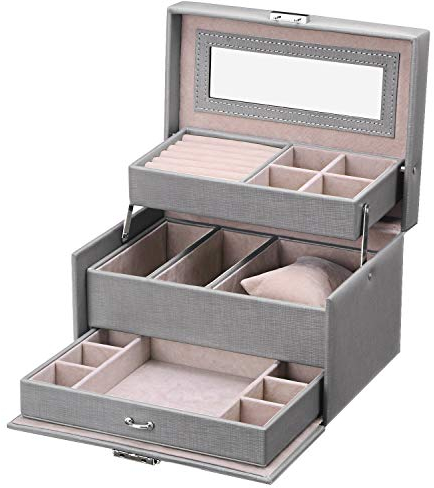 BEWISHOME Boîte à bijoux 3 Niveaux pour Fille, Boite a Bijoux avec Poignée, Rangement Bijoux pour Voyage, Coffret Bijoux avec Serrure, Miroir, Boîtes à Bijoux et Présentoirs, Gris ESSH77H
