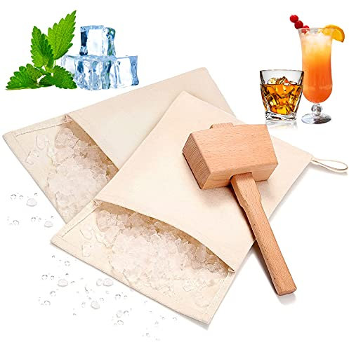 LFKJUMY Lewis Crushed Ice Bag, Professionelles Crushes Ice Dried Ice, Wiederverwendbare 2 Baumwolle Beutel und 1 Eishammer Crushed für Bar Bartender Kit Tools & Küchenzubehör (3 Pack)