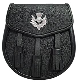 SKMAXO SVART LÄDER SPORRAN MED TASEL OCH 3 TASSELS SCOTTISH DÖD SPORRAN MED KEDJA BÄLTE 02
