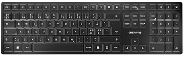 CHERRY KW 9100 SLIM, trådlöst tangentbord, Panordic-layout, QWERTY-tangentbord, Bluetooth eller trådlös anslutning, SX saxfunktion, uppladdningsbar via USB-kabel, platt, svart-silver