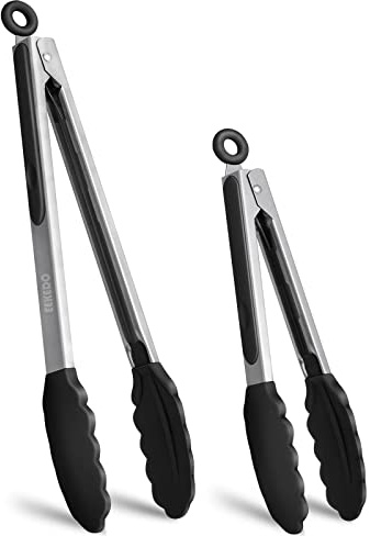 EEKEDO Tongs for Cooking, 600ºF High Heat-Resistant Stainless Steel Kitchen Tongs with Silicone Tips, Non Scratch, Locking Tong for BBQ Grilling Air Fryer Food Salads, Set of 2 (9 and 12) Black
