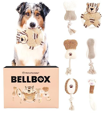 Wahre Tierliebe Bellbox - All in One Hundespielzeug I Spielzeugbox für Hunde | 6X spannende Quietsch, Kau & Seil Spielzeuge für den Spiel und Kautrieb I Robustes Zerrspielzeug (6X Stück mit Box)