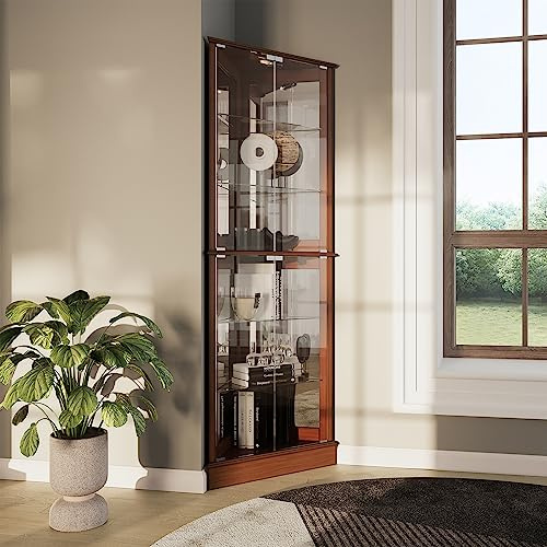 BELLEZE Lighted Corner Display Curio Cabinet Wooden Shelving Unit with Tempered Glass Door, Bar and Liquor Storage Area with 6 Shelves - Woody (Oak)