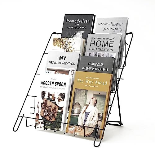 NEESEEYEE Wire Magazine Rack with 4 Open Tiers Book Signing Rack Tabletop Display Stand Holds Both Magazines and Brochures Display Rack Wire - Black
