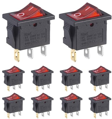 VEXUNGA Interruptor Basculante ON/OFF Interruptores 3Pines 2Posiciones Interuptor Coche Pequeño Electronica 6A 250V 10A 125V Luz Rojo para Auto Barcos (Paquete de 10)