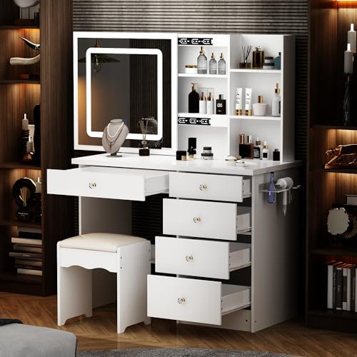 Große Schminktisch mit 3 Farbe Beleuchtung, Spiegel und Hocker, Schminktische mit 5 Schubladen, Frisiertisch Kosmetiktisch mit 4 Regale, Weiß, 50 x 100 x 136 cm, MDF，keinen Haartrocknerhalter