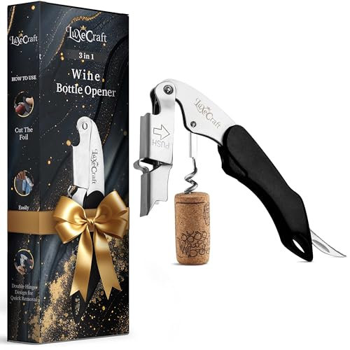 LuxeCraft 3-in-1 Professional Wine Bottle Opener with Double Corkscrew Design – Ergonomic Handle, Foil Cutter & Bottle Opener – Durable Stainless Steel for Effortless Wine Opening