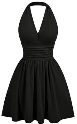 GORGLITTER Women's Flared Flowy Ruched Halter Mini Dresses Ruffle Backless Going Out Mini Swing Dress Black S