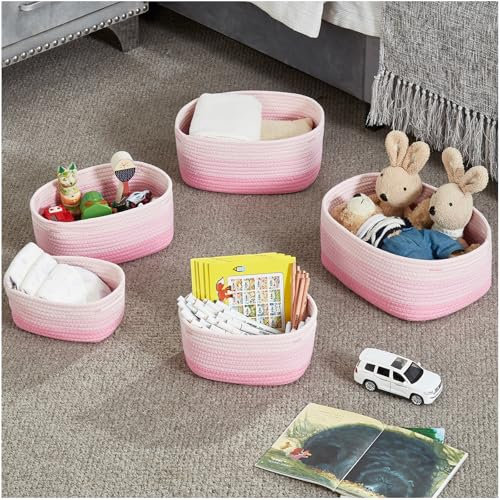 Lot de 5 petits paniers de rangement ovales décoratifs en corde de coton tissée pour étagère, clés, serviette et pot de fleurs, sans plis, matériau doux, inodore (rose)