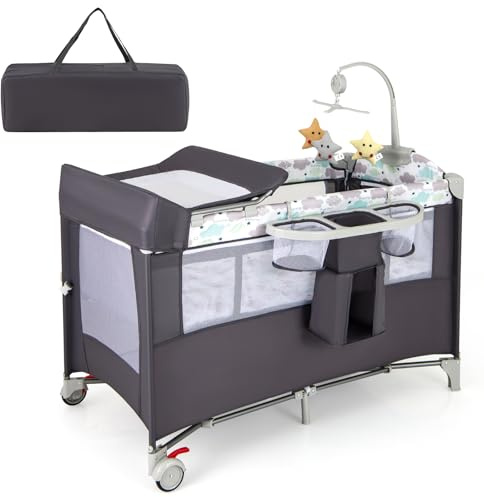 GOPLUS Cuna de Viaje para Bebé 5 en 1, Cuna Colecho Plegable con Cambiador de Pañales, Juguetes, Caja de Música, Colchón y Estante, Parque Bebe Portátil con Bolsa de Transporte (Gris)