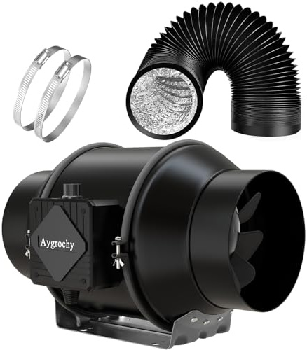 Aygrochy Regelbar Rohrventilator 150mm mit abluftschlauch, Drehstrom EC Motor Abluftventilator für Heizung, Kühlung, Booster, Wachstumszelte, Hydrokulturen, Heimgebrauch, Belüftung und Abluftgebläse.