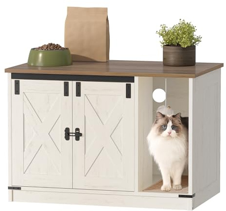 Hzuaneri Maison de Toilette Chat, Meuble Litiere, Meuble à Litière Caché avec Cloche à Chat, Maison D'intérieur pour Chats, 80 x 50 x 53 cm, pour Couloir, Chambre, Marron Rustique et Blanc CB82414X